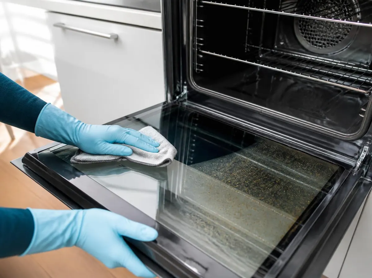 Inside of an oven being cleaned