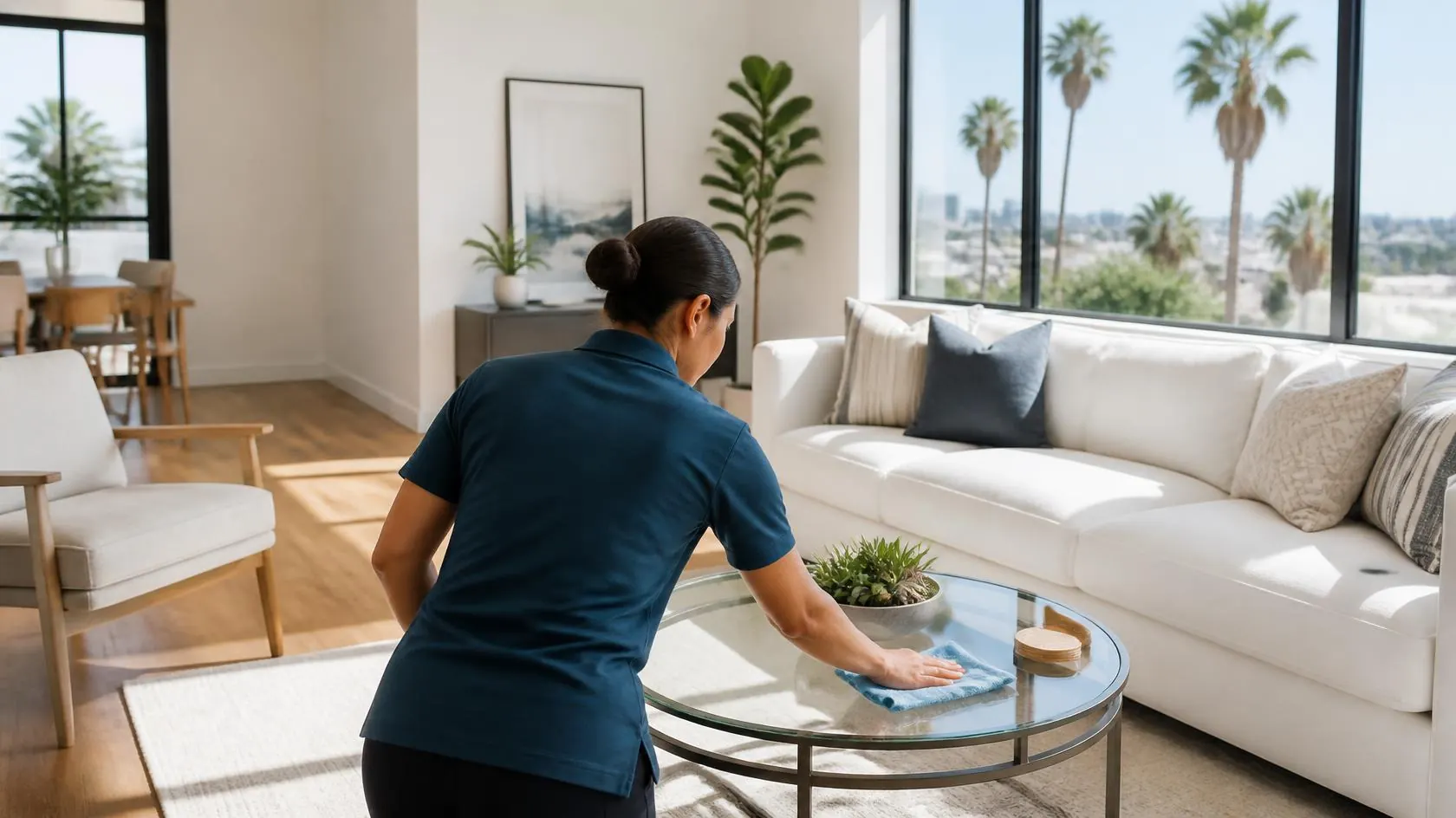 LA Cleaning Solutions cleaner in a bright Los Angeles living room