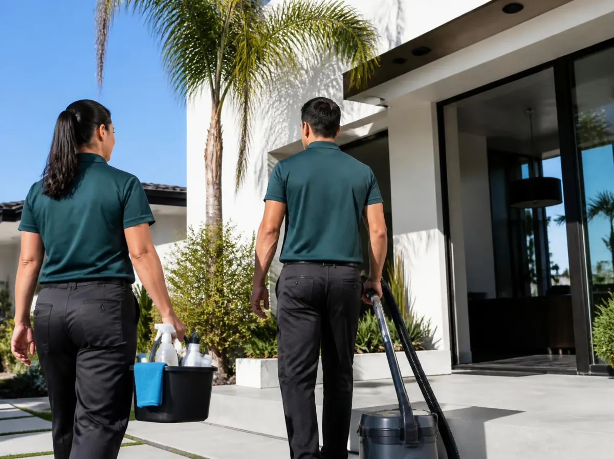 Two LA Cleaning Solutions cleaners arriving at a home